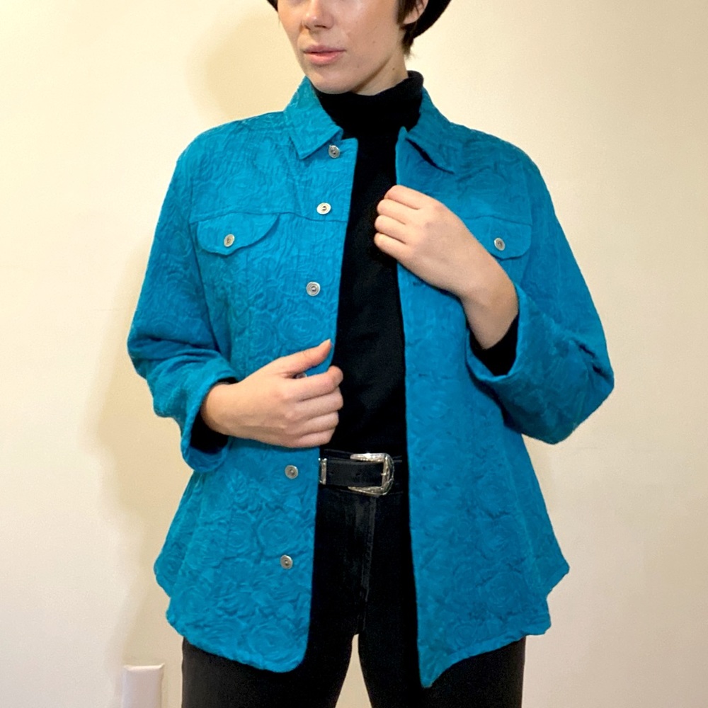 Peacock Blue Rose Printed 90s Jacket